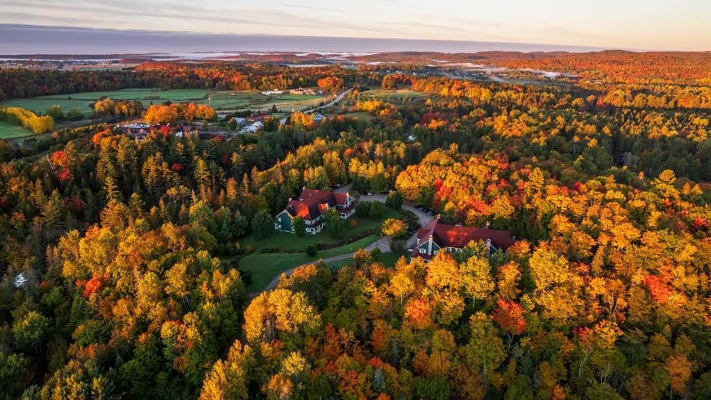 Luchtfoto van een landelijk herfstlandschap met kleurrijke bossen en verspreide huizen bij zonsondergang.