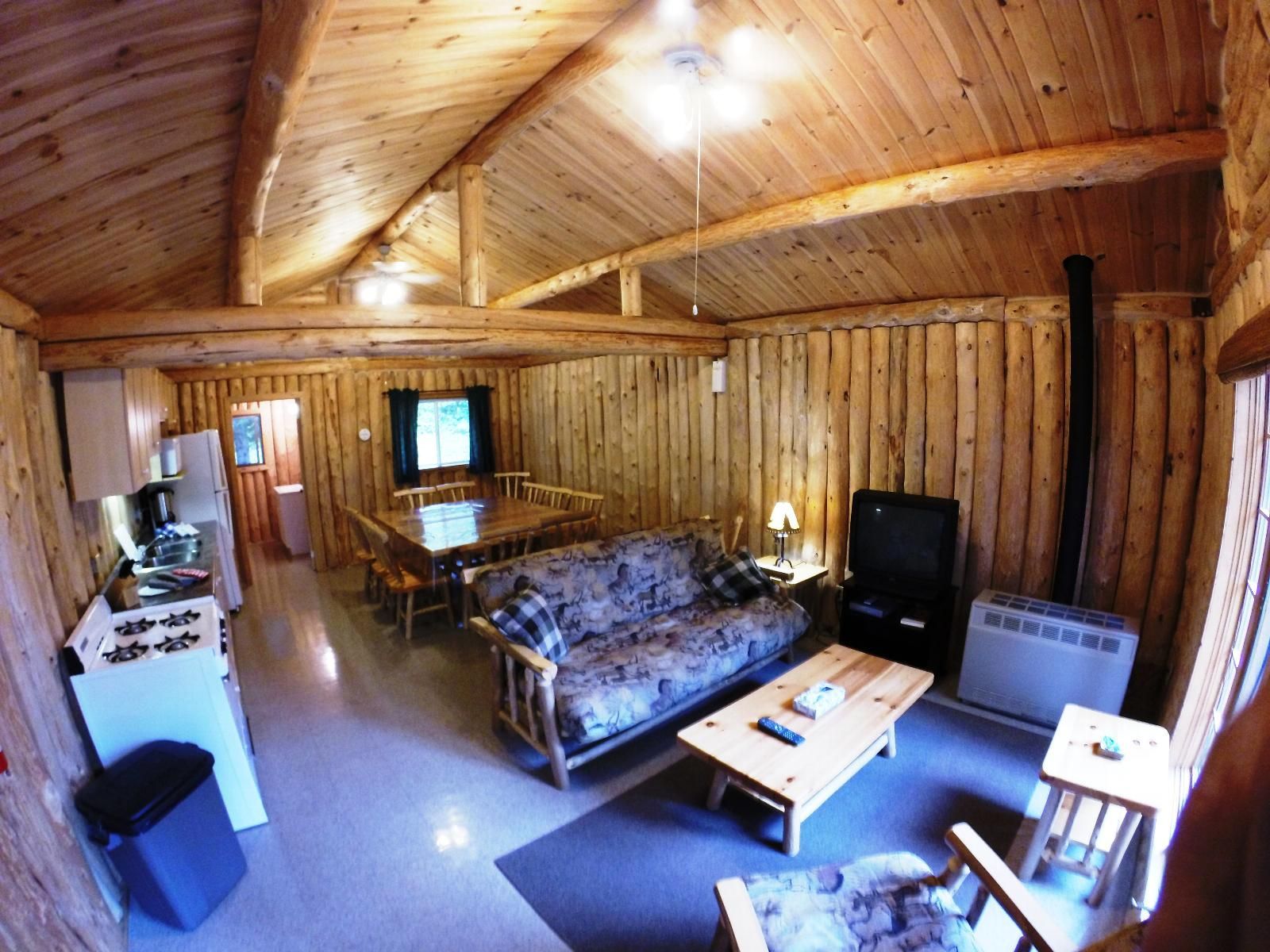Houten lambrisering in de woonkamer van de blokhut, met een bank, salontafel, tv en een licht dakraam.