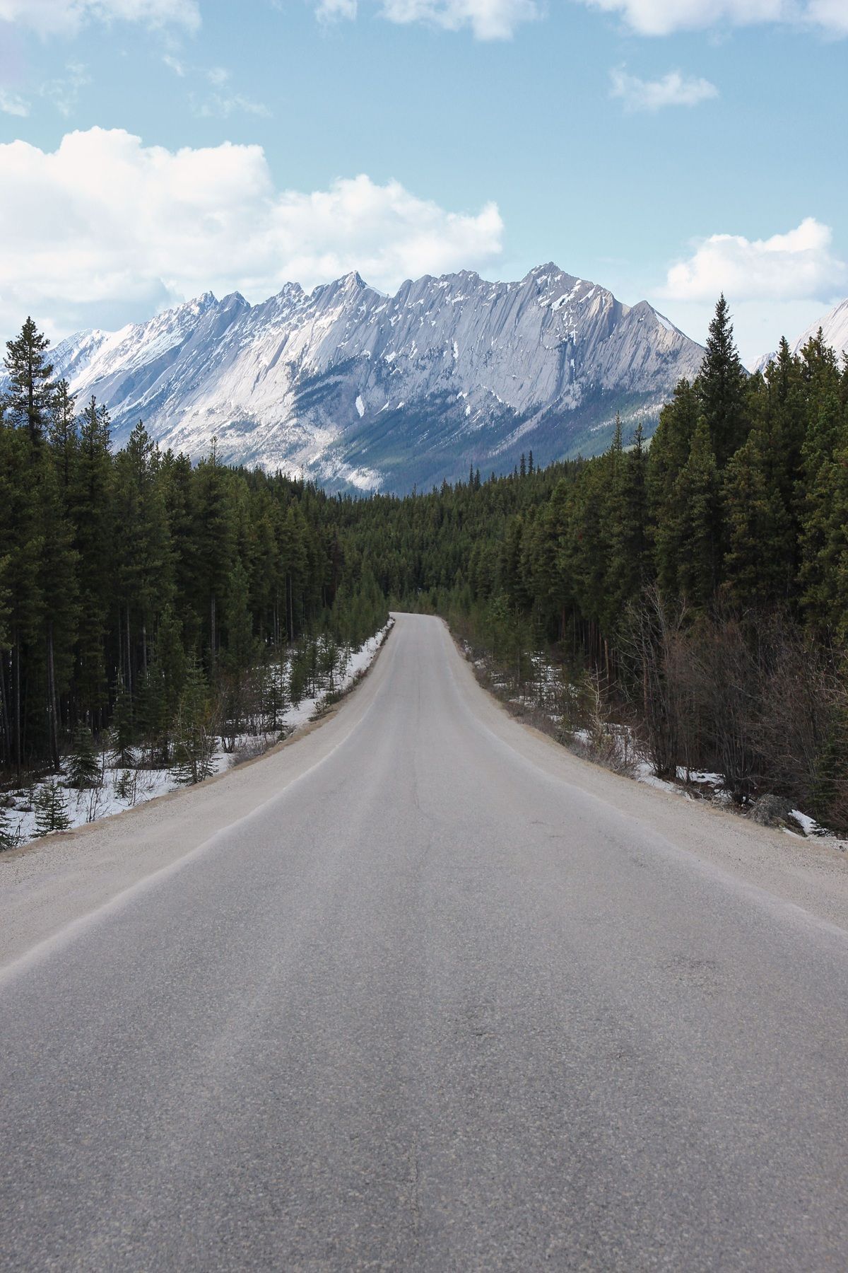 Maligne Road in Jasper National Park  leidt naar met sneeuw bedekte bergtoppen, omzoomd door dichte naaldbomen onder een gedeeltelijk bewolkte hemel.