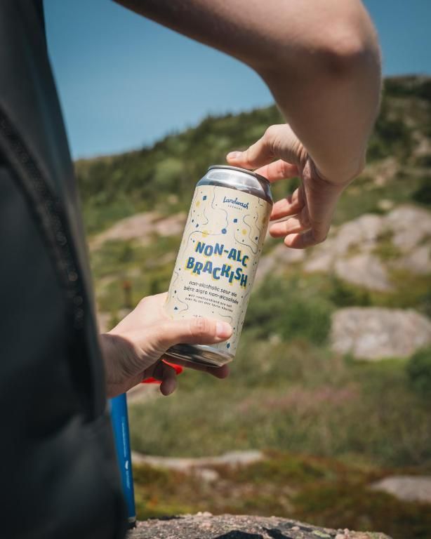 Hand die een blikje alcoholvrij bier vasthoudt, buiten op een rotsachtig pad.
