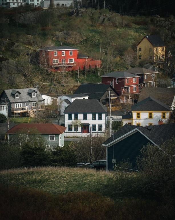 Een kleine, op een heuvel gelegen wijk met kleurrijke huizen, waaronder een rood en een wit huis, te midden van bomen.