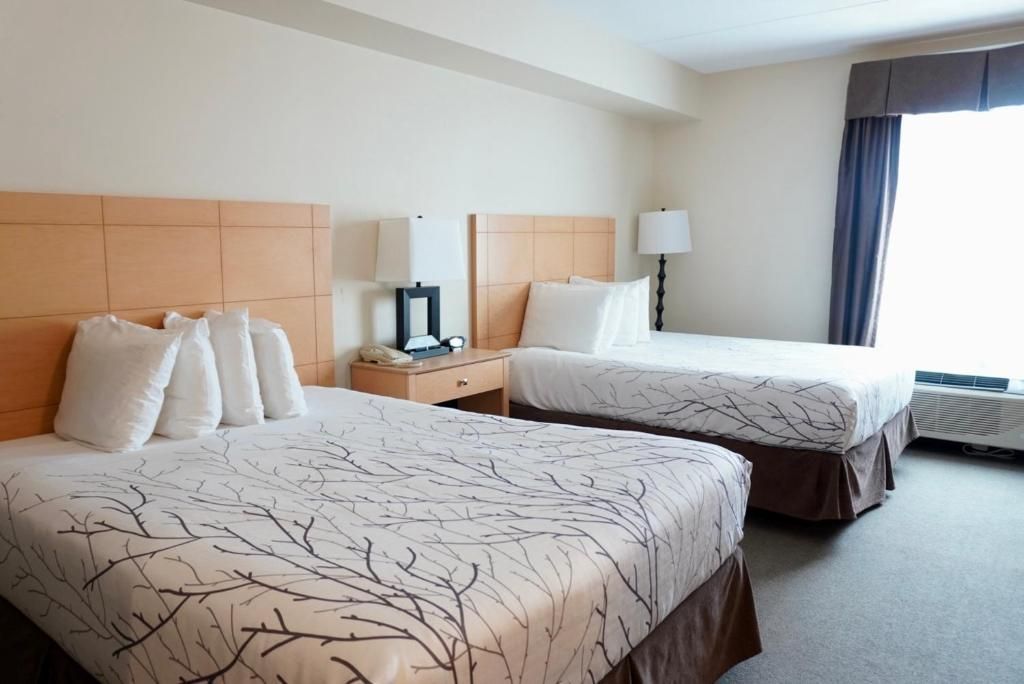 Hotelkamer met twee queensize bedden, neutrale inrichting en een raam met gordijnen.