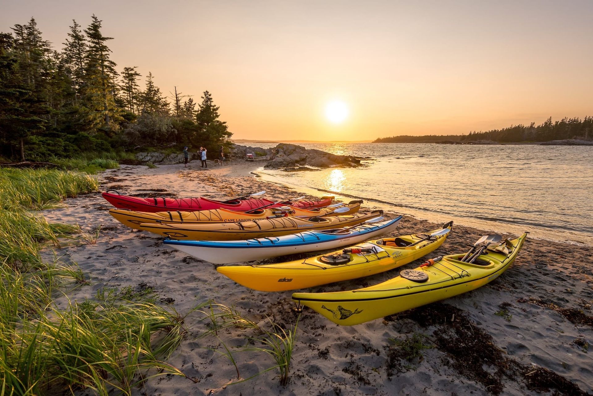 Kajaks op een zandstrand bij zonsondergang, langs kalm water en een beboste kustlijn.