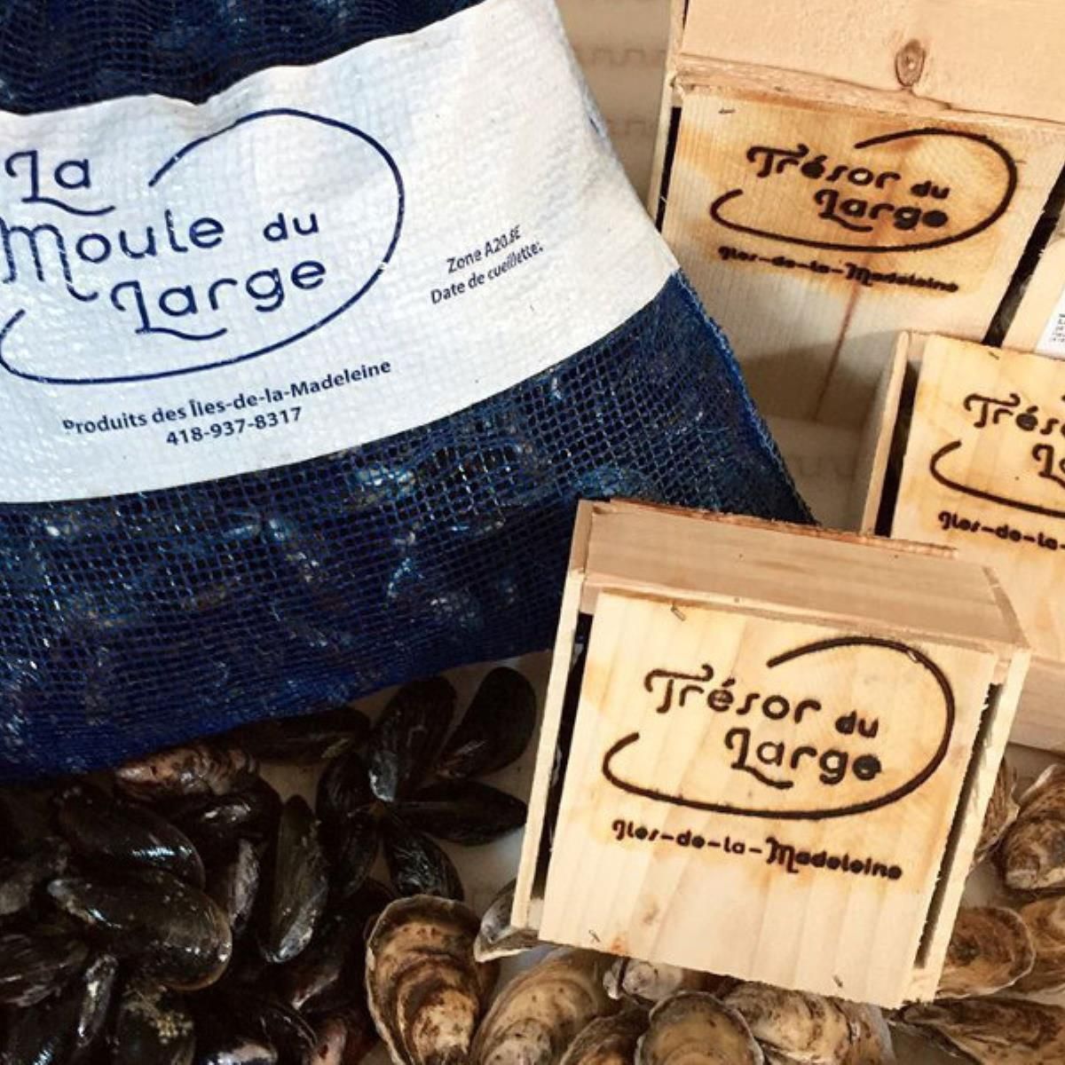 Een assortiment ambachtelijke oesters en houten dozen met het opschrift 