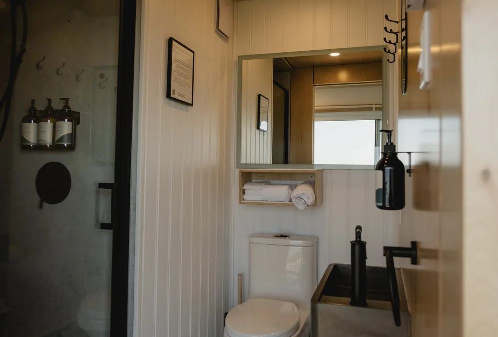Compacte badkamer met toilet, zwarte armaturen, douche en spiegel onder warme verlichting.