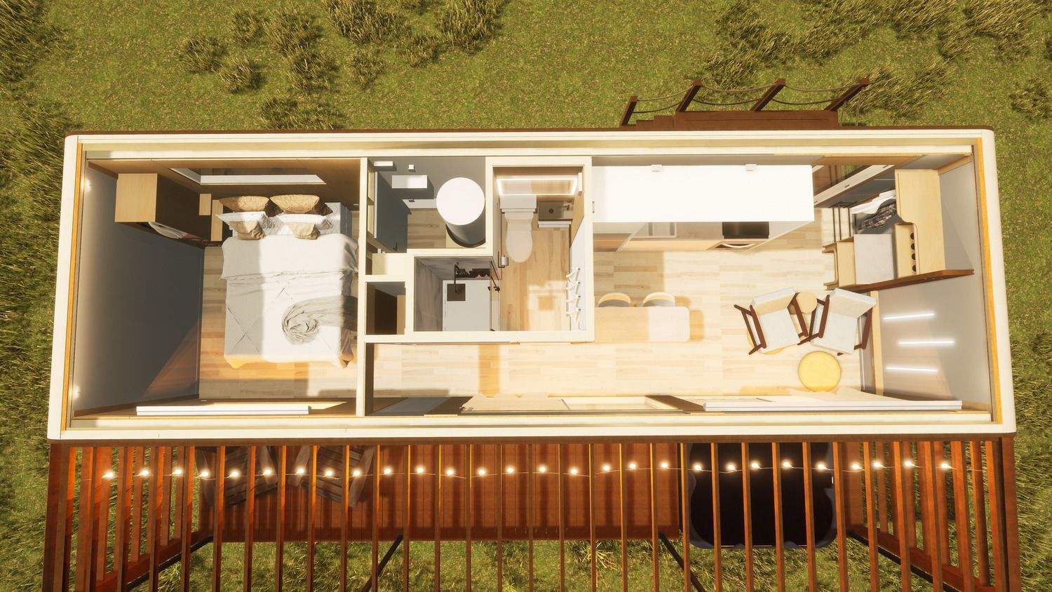 Bovenaanzicht van een modern appartement met één slaapkamer, bestaande uit een slaapkamer, badkamer, keuken en woonkamer.