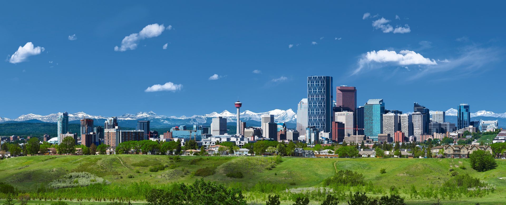 Panoramisch stadsgezicht op Calgary met moderne wolkenkrabbers op de achtergrond, tegen een groen veld onder een blauwe hemel.