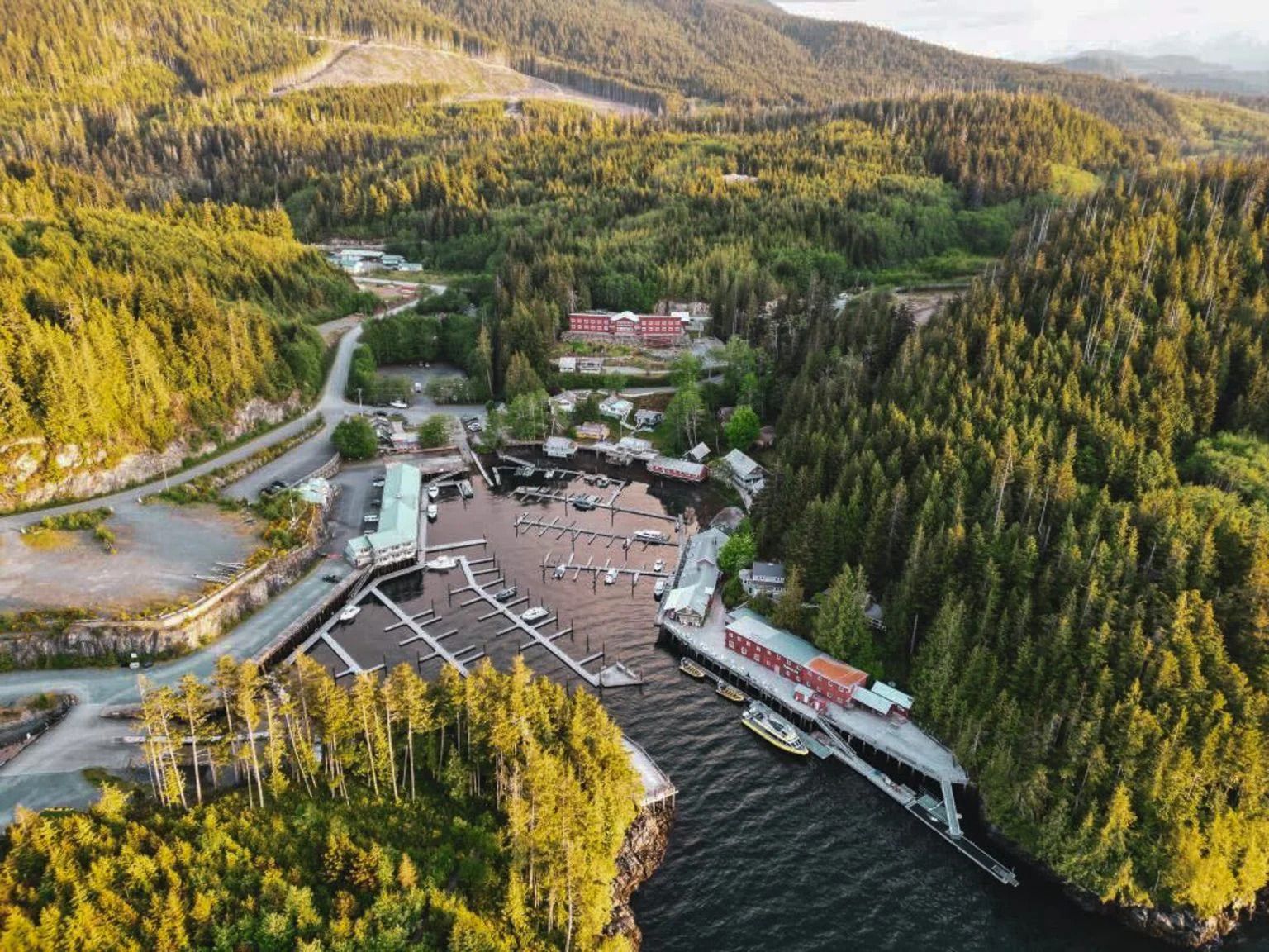 Luchtfoto van een jachthaven in Canada aan een meer met aanlegsteigers, gebouwen en beboste bergen op de achtergrond.