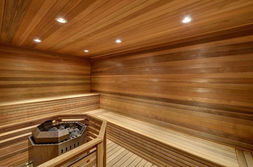 Sauna-interieur met houten lambrisering, houten banken, inbouwverlichting en een centrale verwarming met stenen.