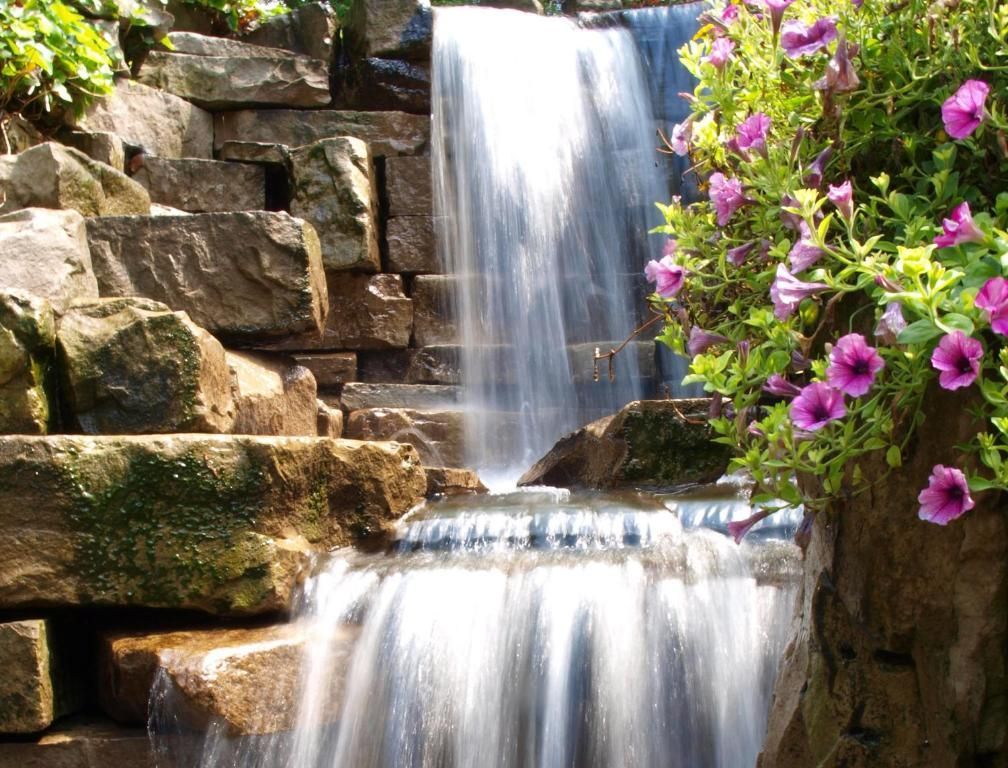 Een waterval die over rotsrichels naar beneden stort, naast bloeiende roze bloemen.