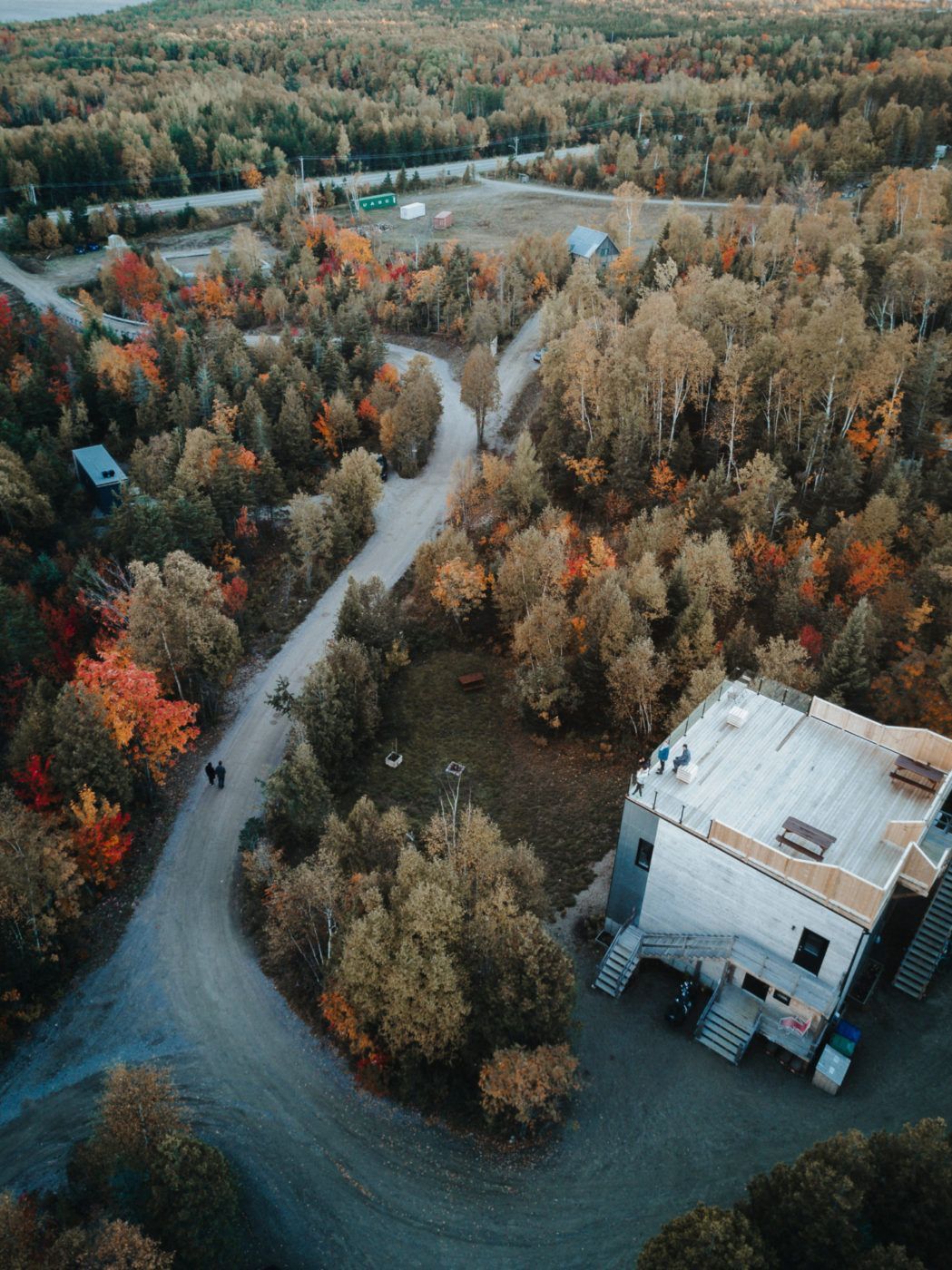 Luchtfoto van een kronkelende weg door een herfstbos, met een wit gebouw rechtsonder.