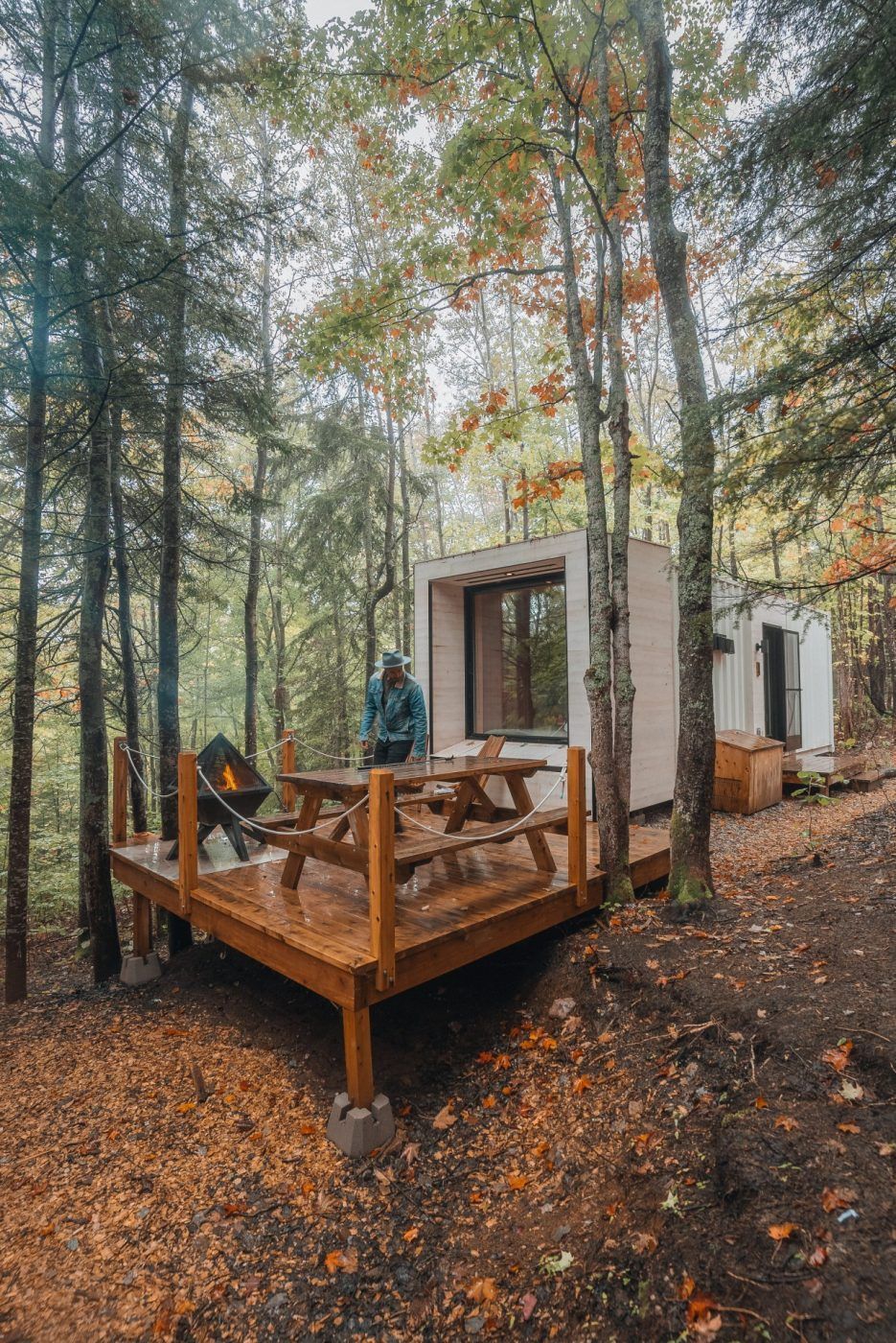 Moderne blokhut met houten terras in een bosrijke omgeving.