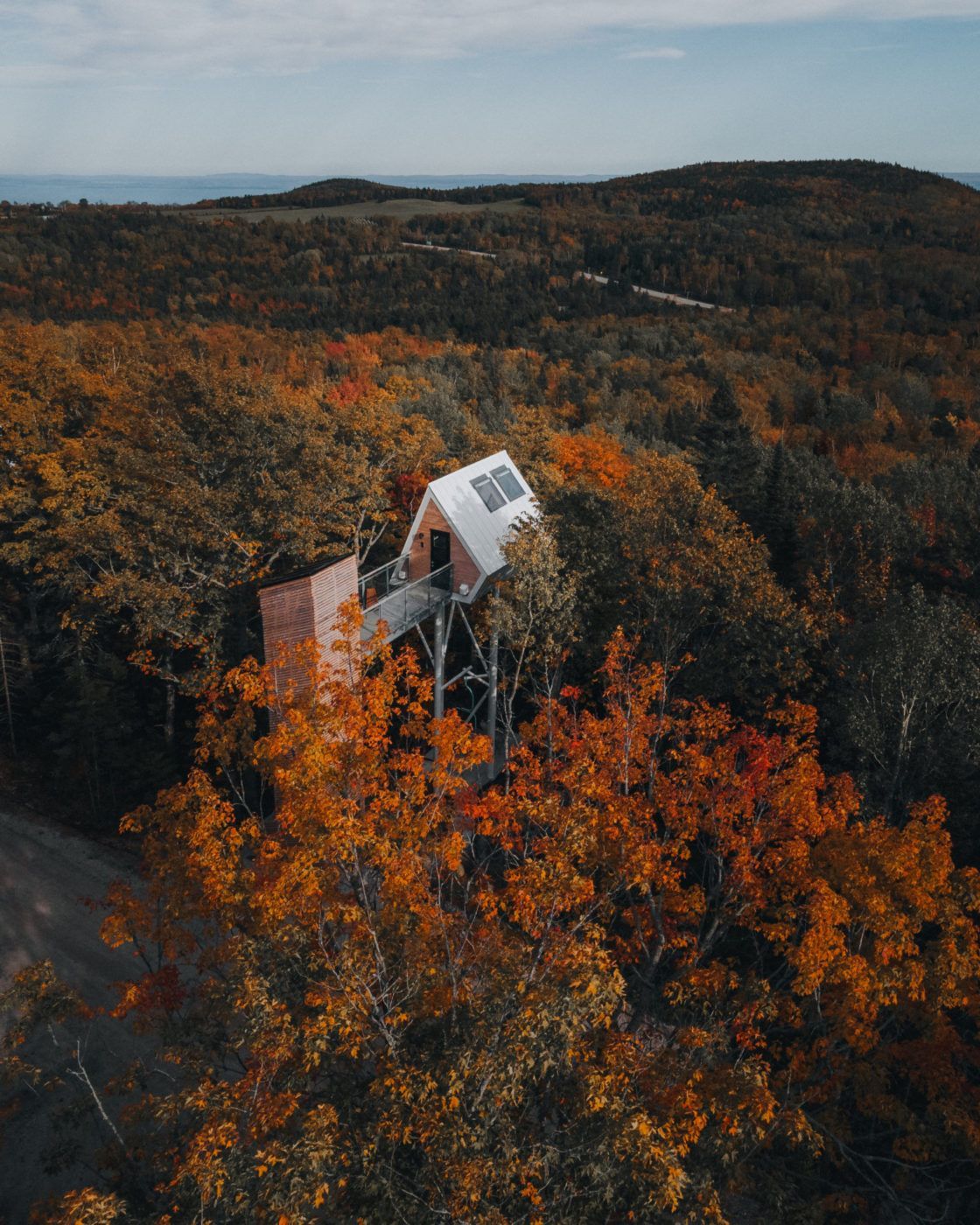 Een boomhut verscholen tussen bomen in herfstkleuren op een beboste heuvel in de schemering.