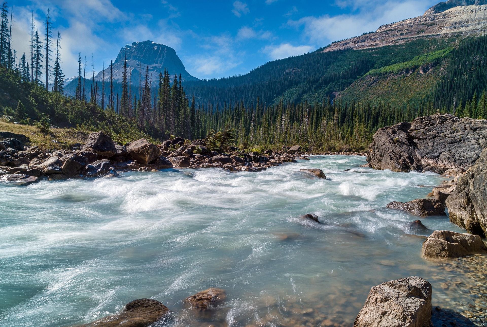 Prachtige rivier in Canada Een snelstromende, turquoise rivier kronkelt door een rotsachtig landschap, met bergen en altijdgroene bomen op de achtergrond.