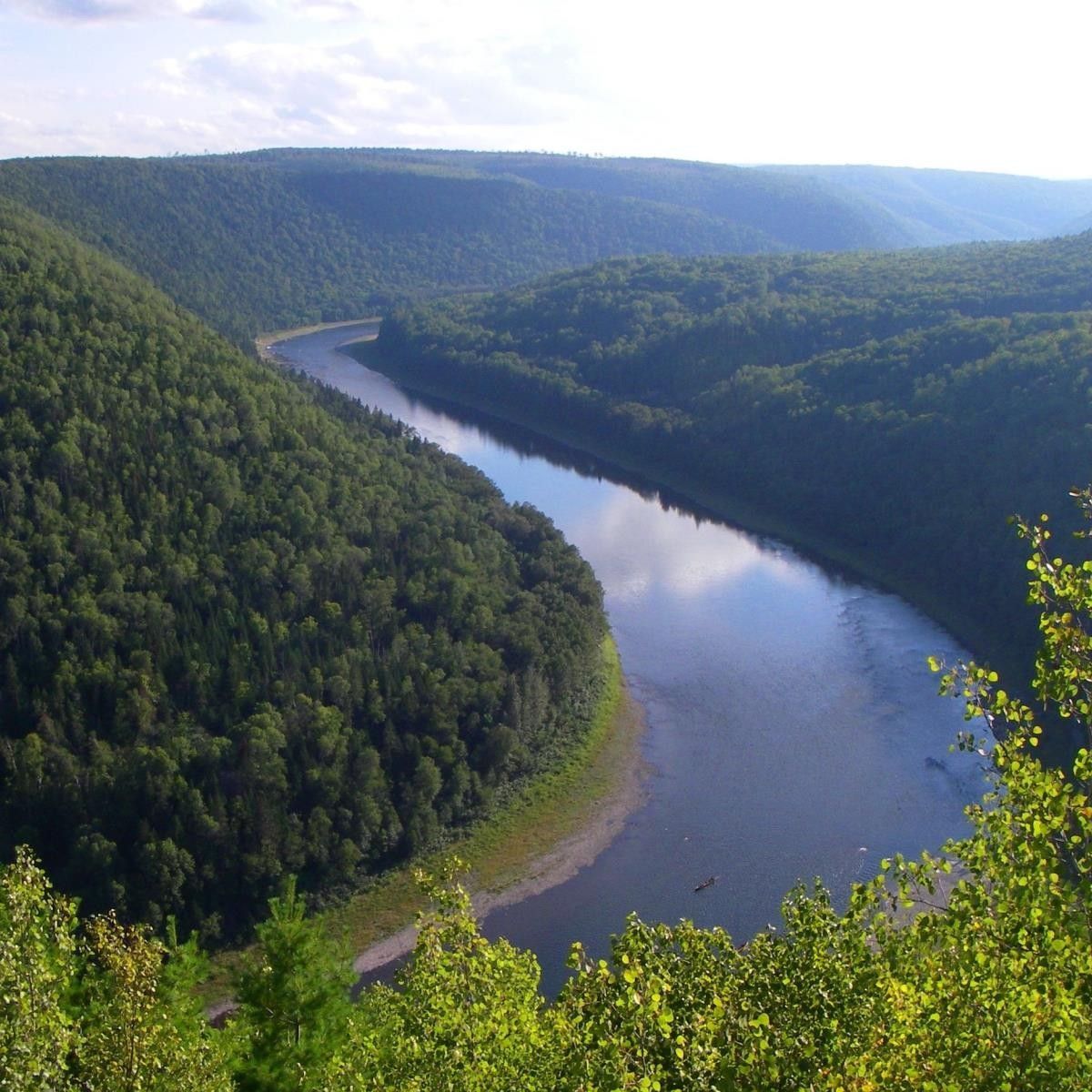 Een kronkelende rivier in Quebec, Canada, door groene, beboste heuvels onder een heldere hemel.