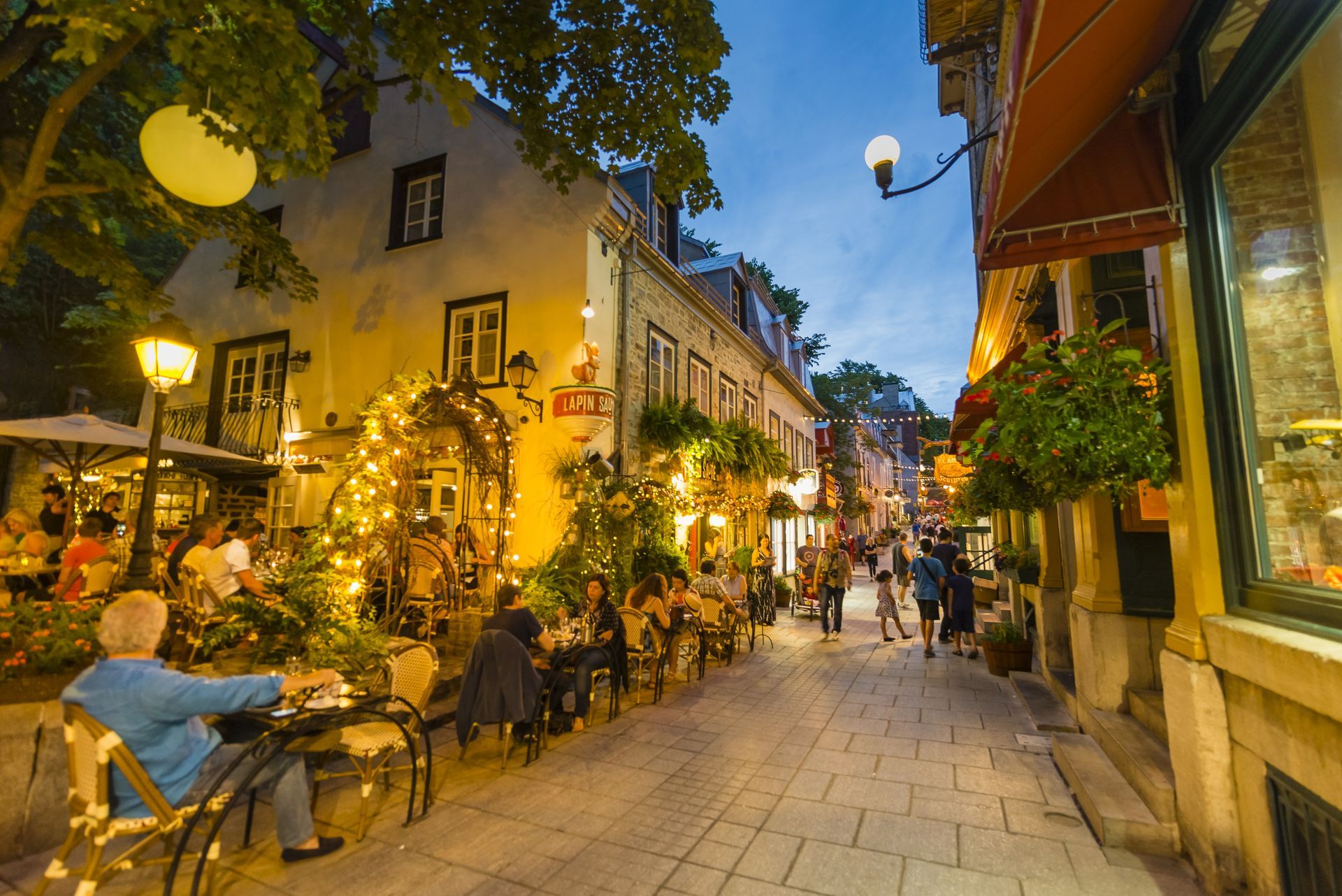 Gezellig straatcafé aan Petit-Champlain in Old Quebec's avonds met warme verlichting, terrasjes en bomen.