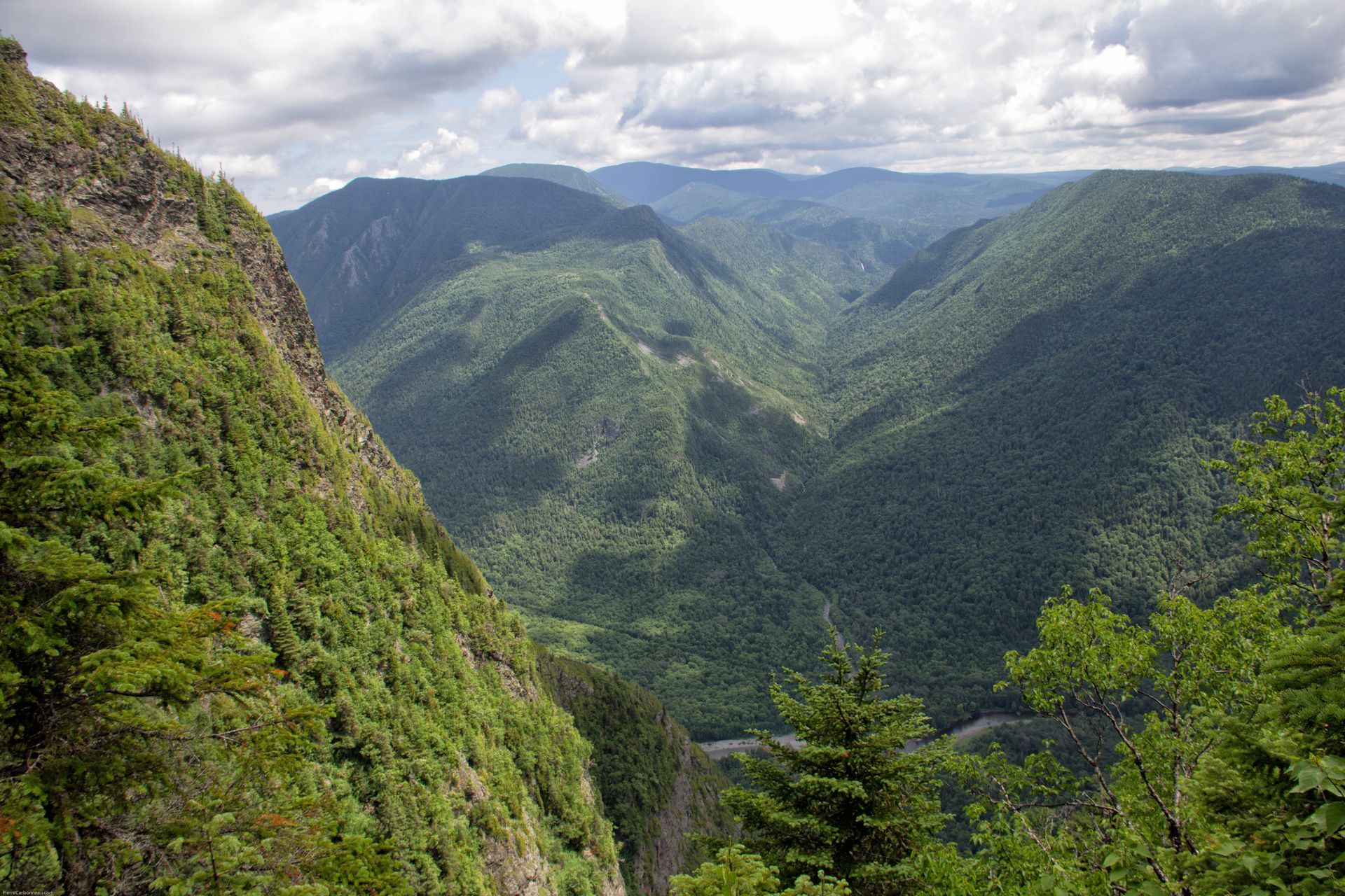 De weelderig groene bergvallei Sainte-Anne River Valley in het Parc national de la Gaspésie, Quebec Canada, met steile kliffen en gelaagde beboste bergkammen onder een bewolkte hemel.