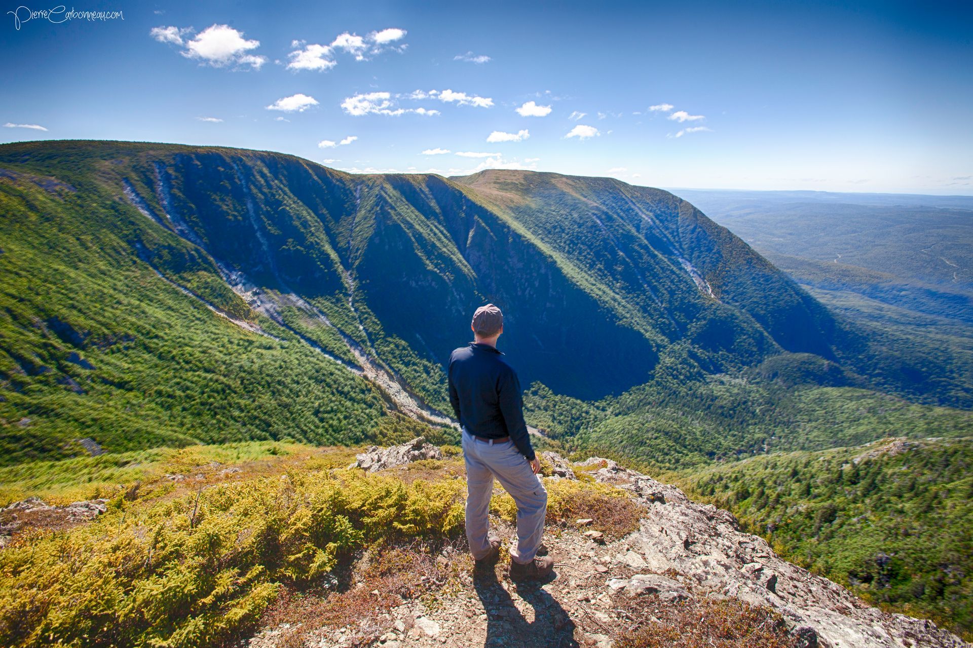 Een persoon staat op een rotsachtige klif in het Parc national de la Gaspesie, Quebec Canada, en kijkt uit over een groene bergvallei onder een blauwe hemel.