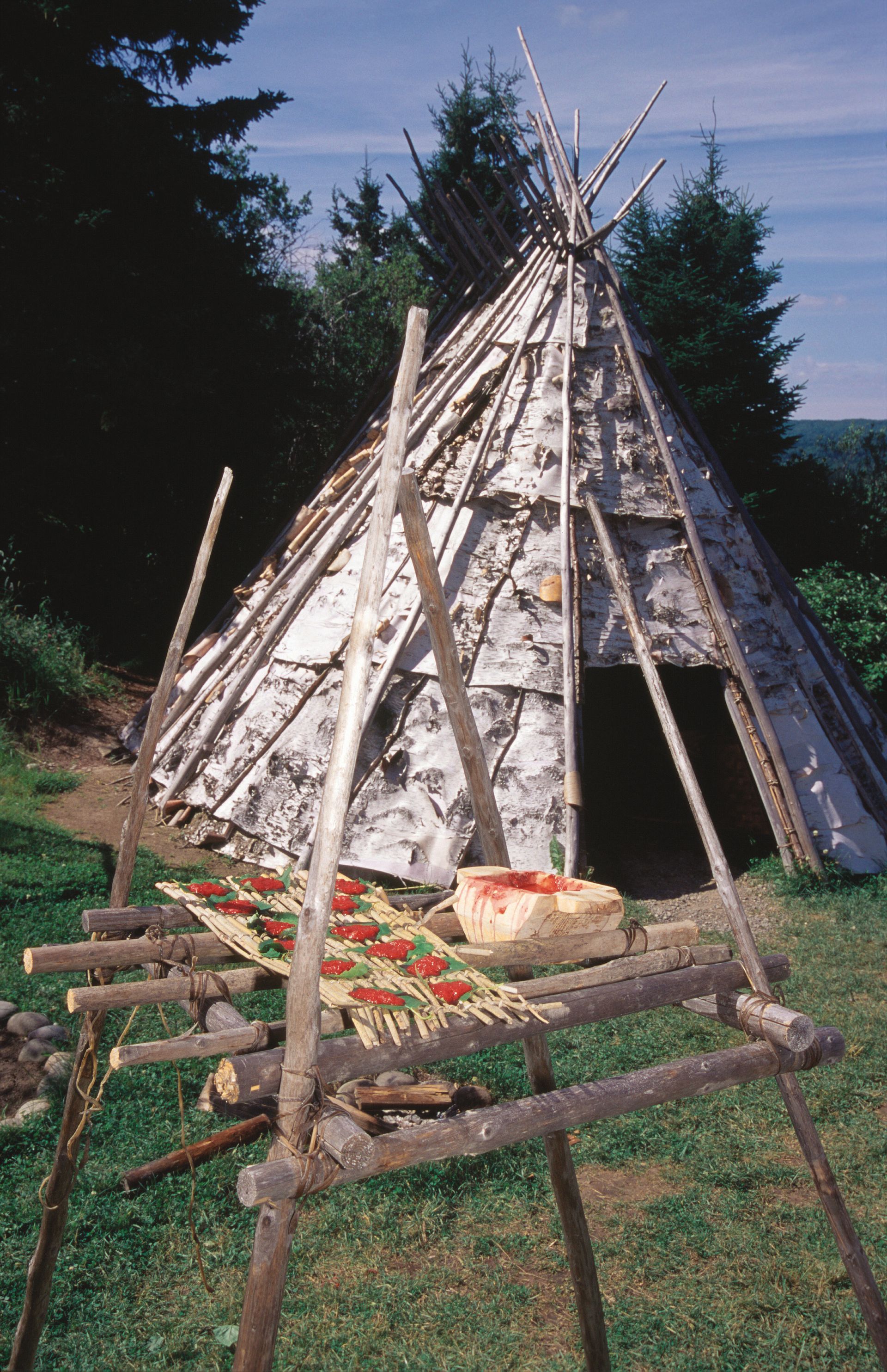 Kegelvormige tipi in Quebec, Canada, van berkenbast met een kleine ingang, omgeven door houten palen in de buitenlucht.