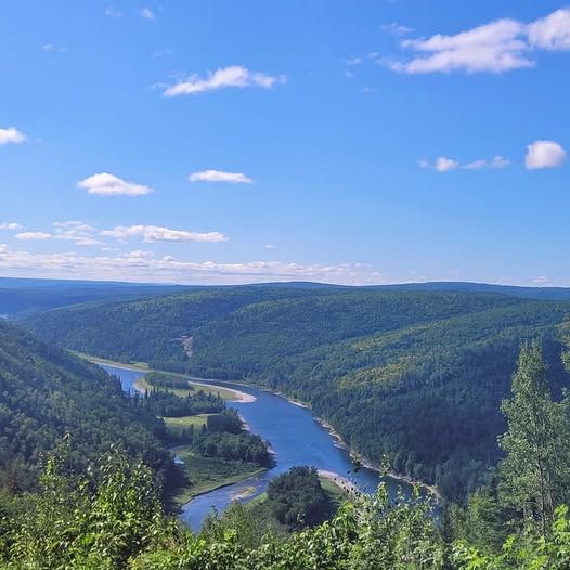 Een rivier kronkelt door groene, beboste heuvels onder een helderblauwe hemel met hier en daar verspreide wolken.