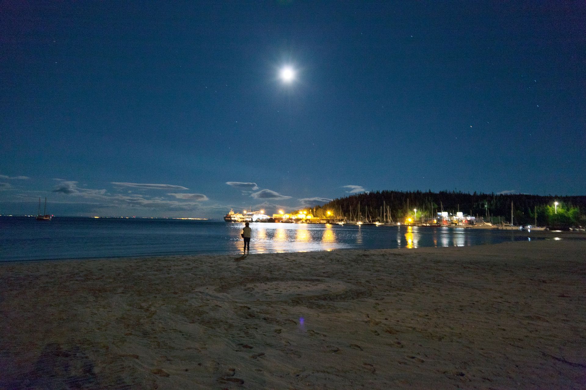 Het strand bij Tadoussac in Canada maanlicht met kalm water, verlichte gebouwen langs de kustlijn en een heldere maan boven de zee.