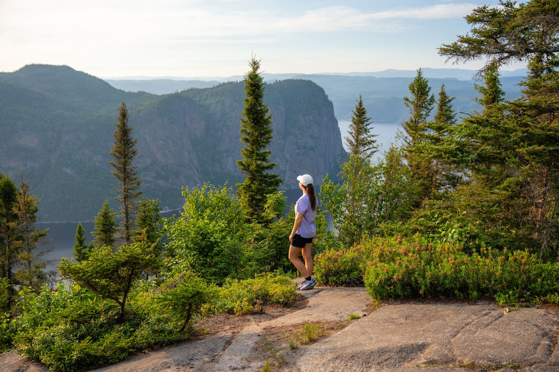 Wandelaar staat op een rotsachtig pad met uitzicht op groene bergen en een verre vallei van Point de vue du Géant in het Parc national du Fjord-du-Saguenay.