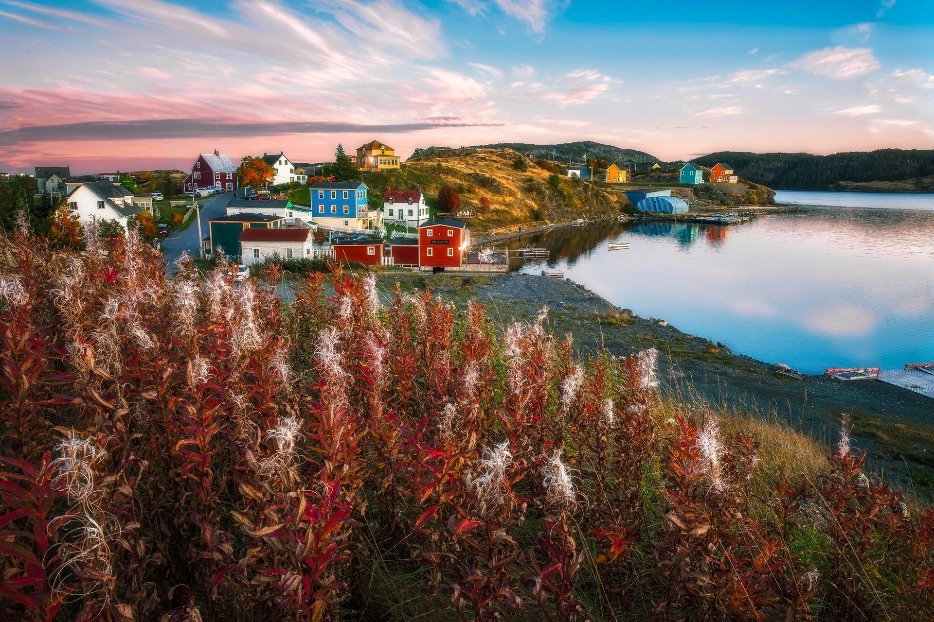 Het kleurrijke kustdorpje Trinity op Newfoundland bij zonsondergang aan een rustige baai, met rood gebladerte op de voorgrond.