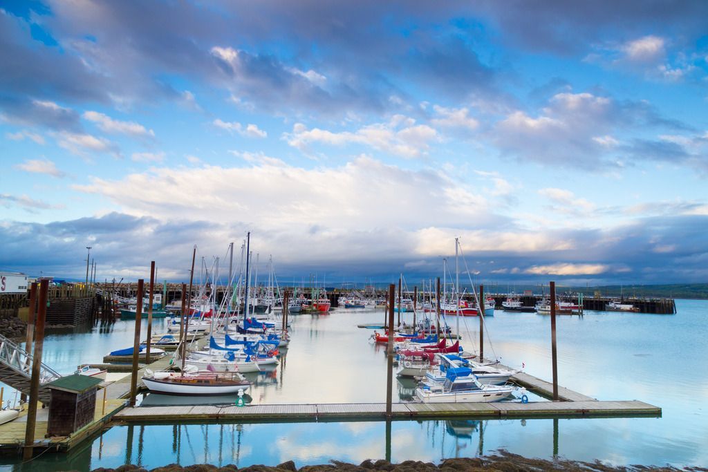 Jachthaven van Digby, Nova Scotia, met zeilboten aangemeerd onder een bewolkte blauwe hemel, weerspiegeld in het kalme water.