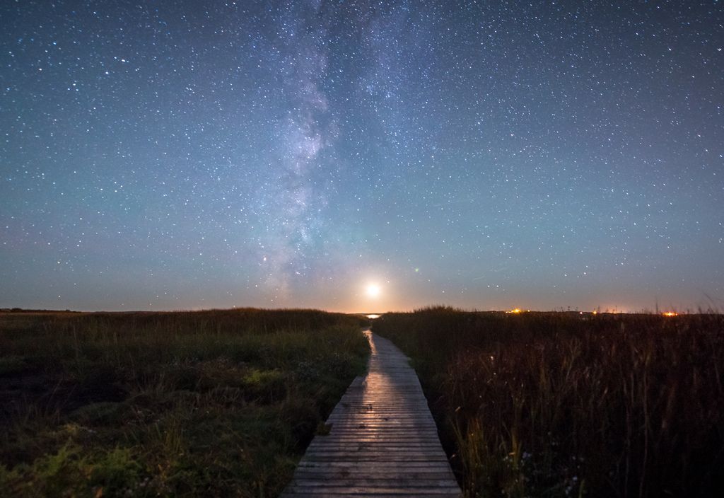 Houten vlonderpad op Nova Scotia door het moeras 's nachts onder een sterrenhemel en de Melkweg, met een heldere gloed aan de horizon.