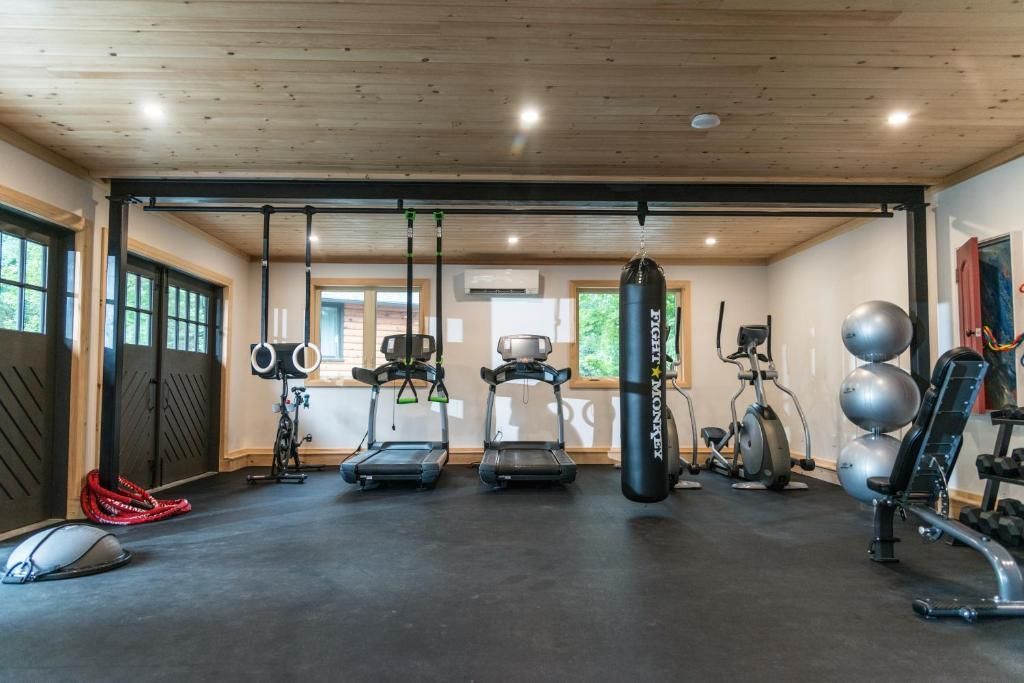 Ruime thuisgym met loopbanden, gewichten, fitnessballen en een roeimachine op een zwarte vloer.