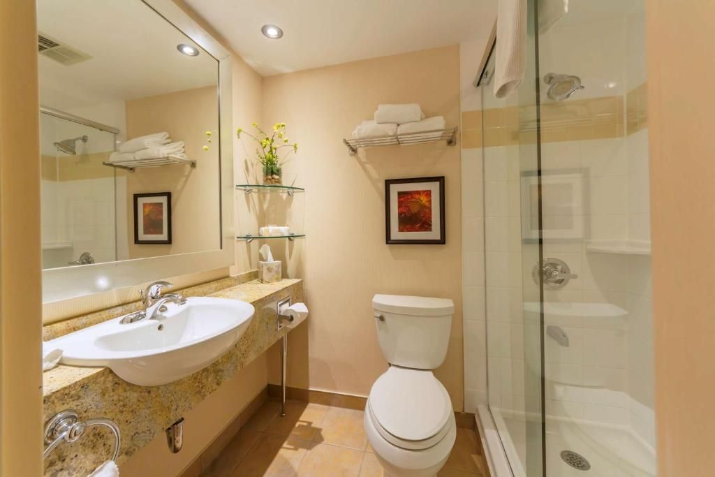 Kleine beige badkamer met wastafel, toilet, spiegel en glazen douchedeur.
