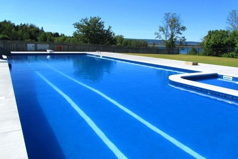Felblauw buitenzwembad met baanmarkeringen en bomen op de achtergrond.