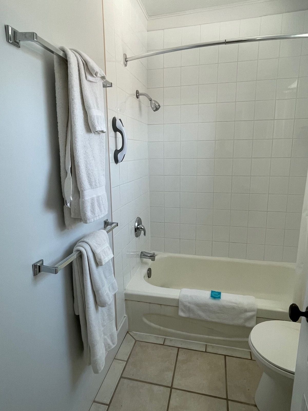Kleine badkamer met witte tegels, een badkuip, douche, handdoeken aan een stang en een gedeeltelijk zichtbaar toilet.