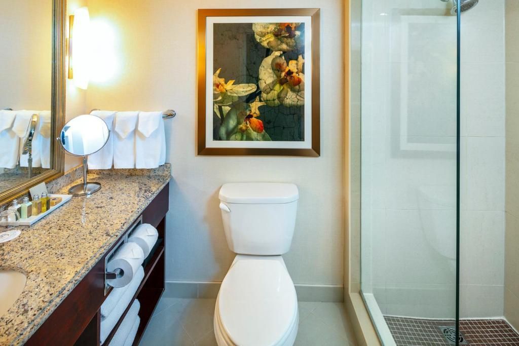 Lichte badkamer van The Prince George Hotel, Halifax met granieten wastafelblad, toilet, ingelijste bloemenkunst en glazen douchecabine.