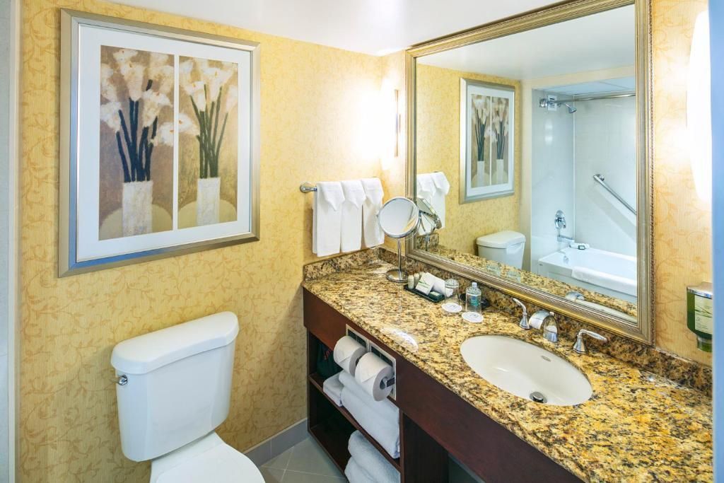 Kleine badkamer van The Prince George Hotel, Halifax met toilet, wastafelblad van gespikkeld graniet, grote spiegel en ingelijste wanddecoratie.