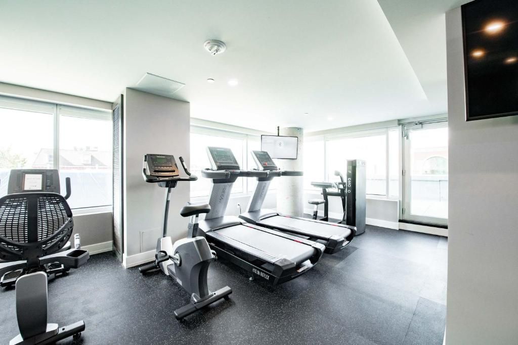Lichte fitnessruimte met loopbanden, hometrainer en grote ramen met uitzicht op het groen.