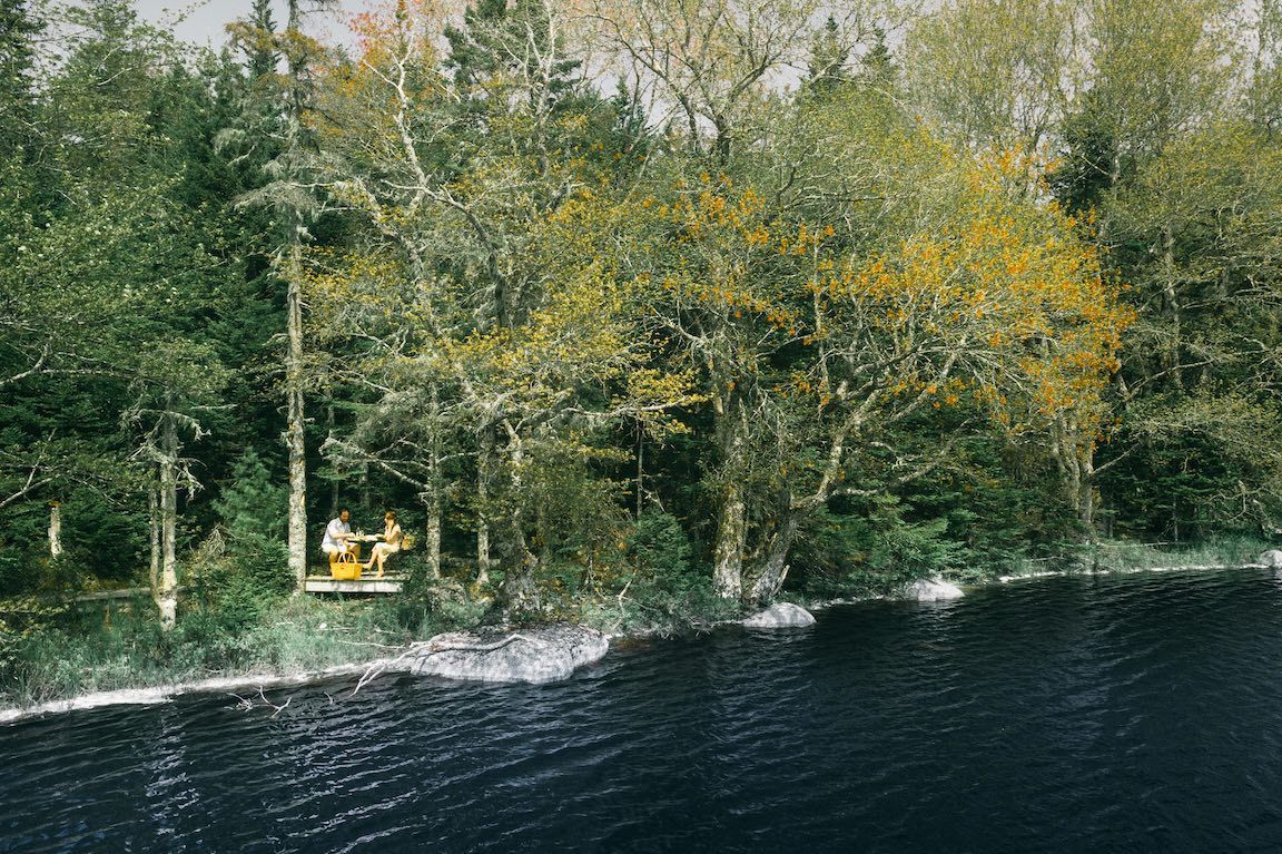 Een beboste oever met een gele stoel aan het water onder herfstbomen.