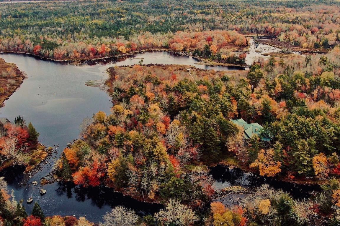 Luchtfoto van een rivier die zich een weg baant door een dicht herfstbos met rode, oranje en groene bladeren.