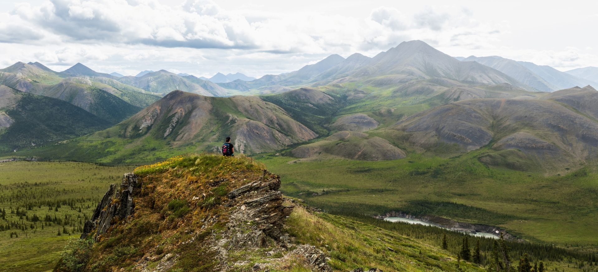 © Robert Postma Rotsachtige bergkam in Ivvavik National Park, Yukon, met uitzicht op een groene vallei onder een bewolkte hemel
