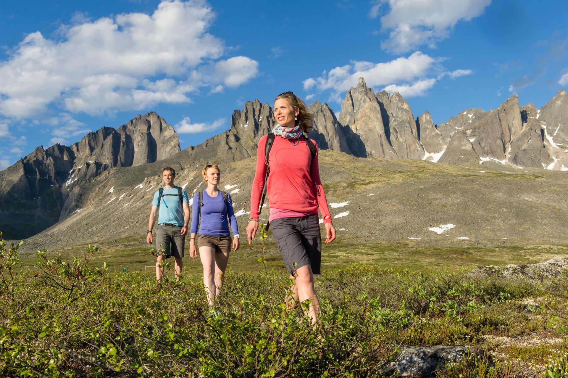 © Government of Yukon Drie wandelaars lopen door Tombstone Territorial Park, Yukon,met rotsachtige bergtoppen onder een blauwe hemel