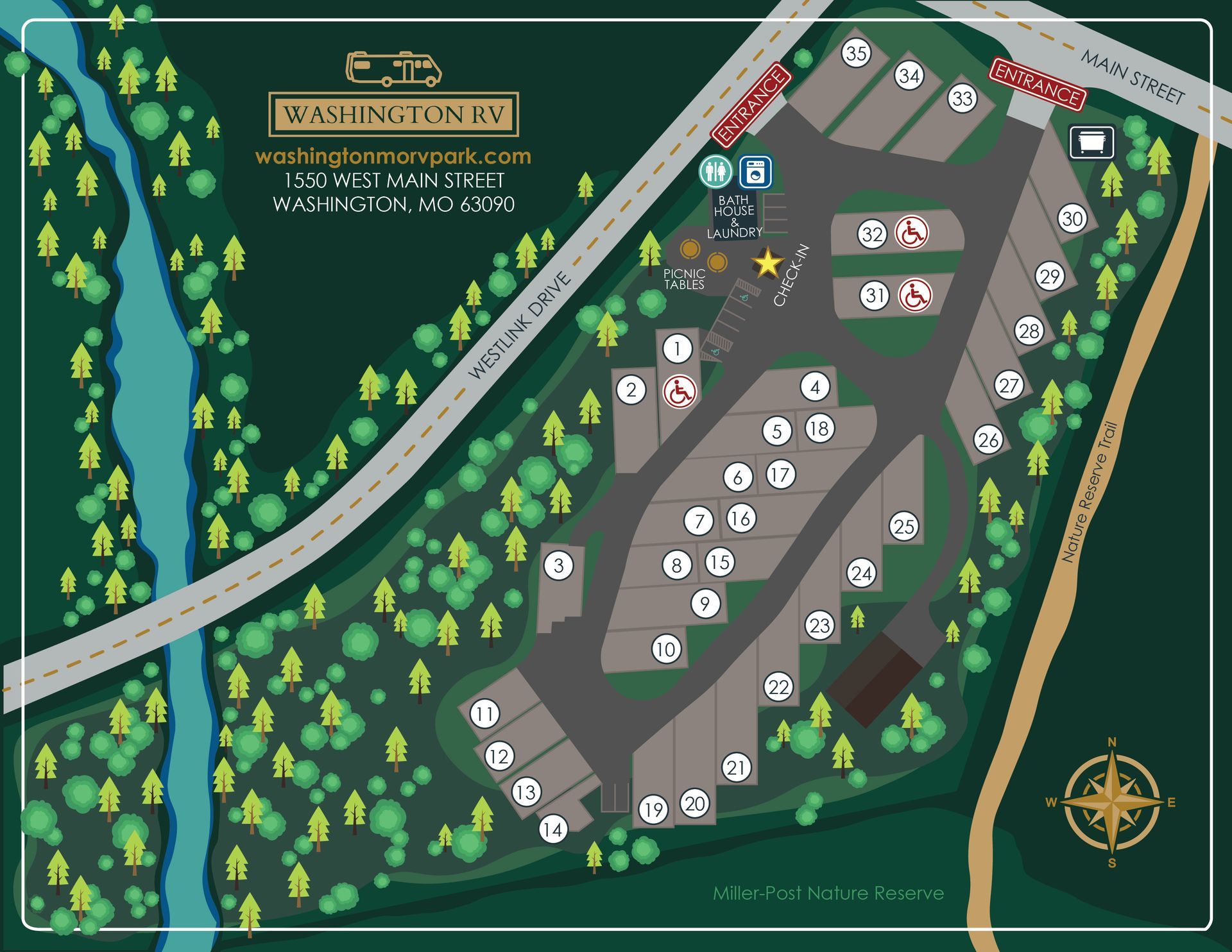 Map of a forest campsite beside a river, with numbered sites, roads, and a compass rose.