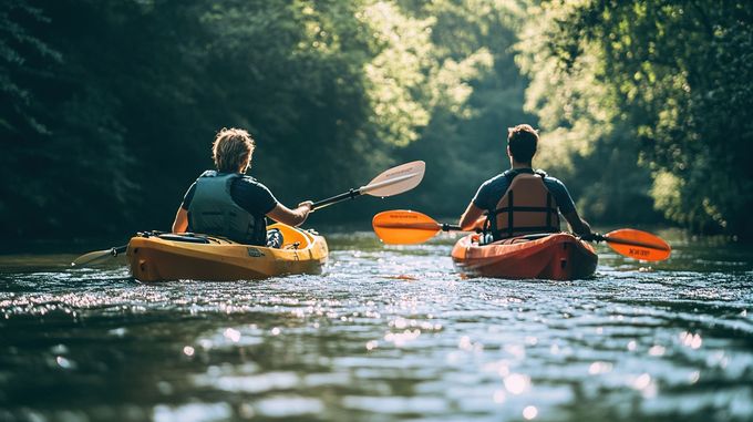 Two kayakers paddling on a calm river through a sunlit, wooded canyon