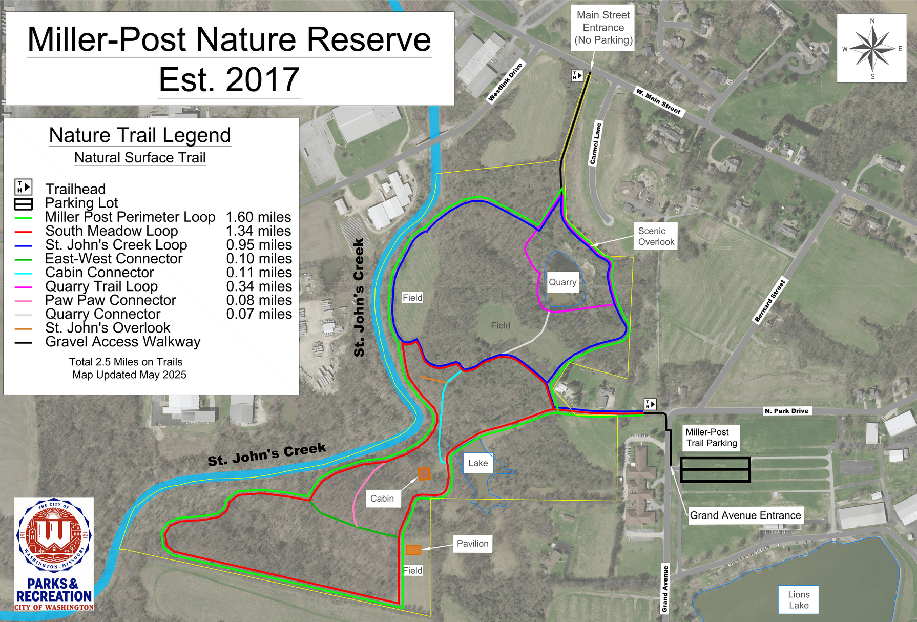 Miller-Post Nature Reserve trail map with color-coded paths over aerial terrain, labeled routes and legend