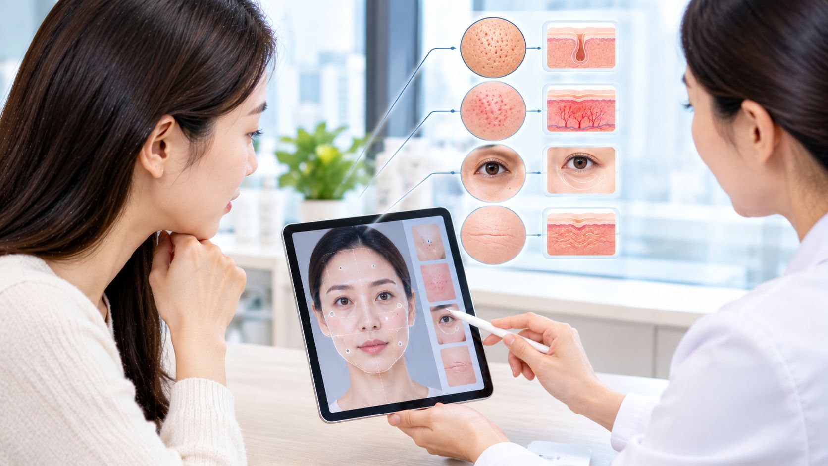 Woman reviewing facial skin concerns before choosing a Korean treatment