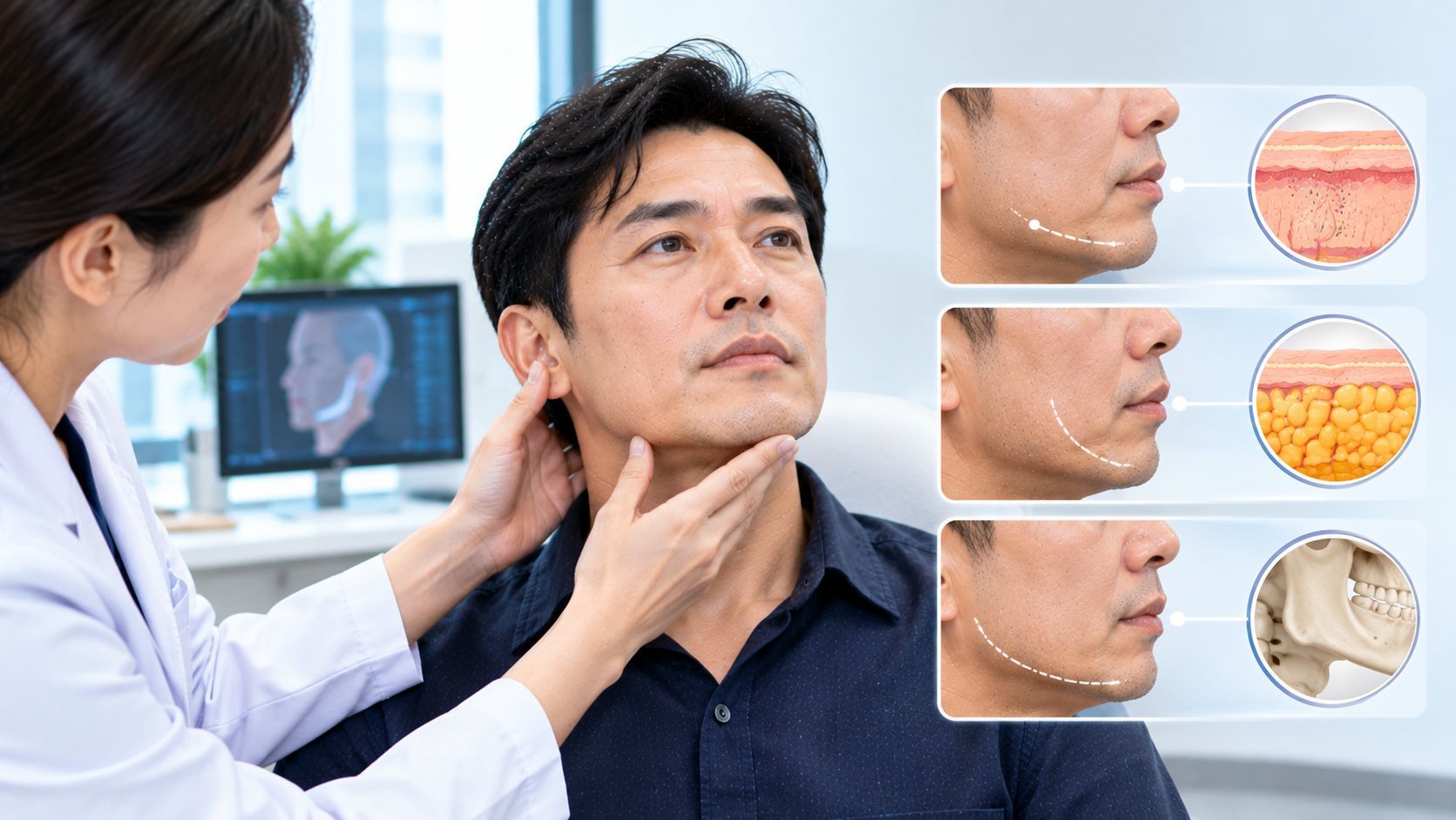 Man discussing whether jowls are caused by skin, fat or facial structure
