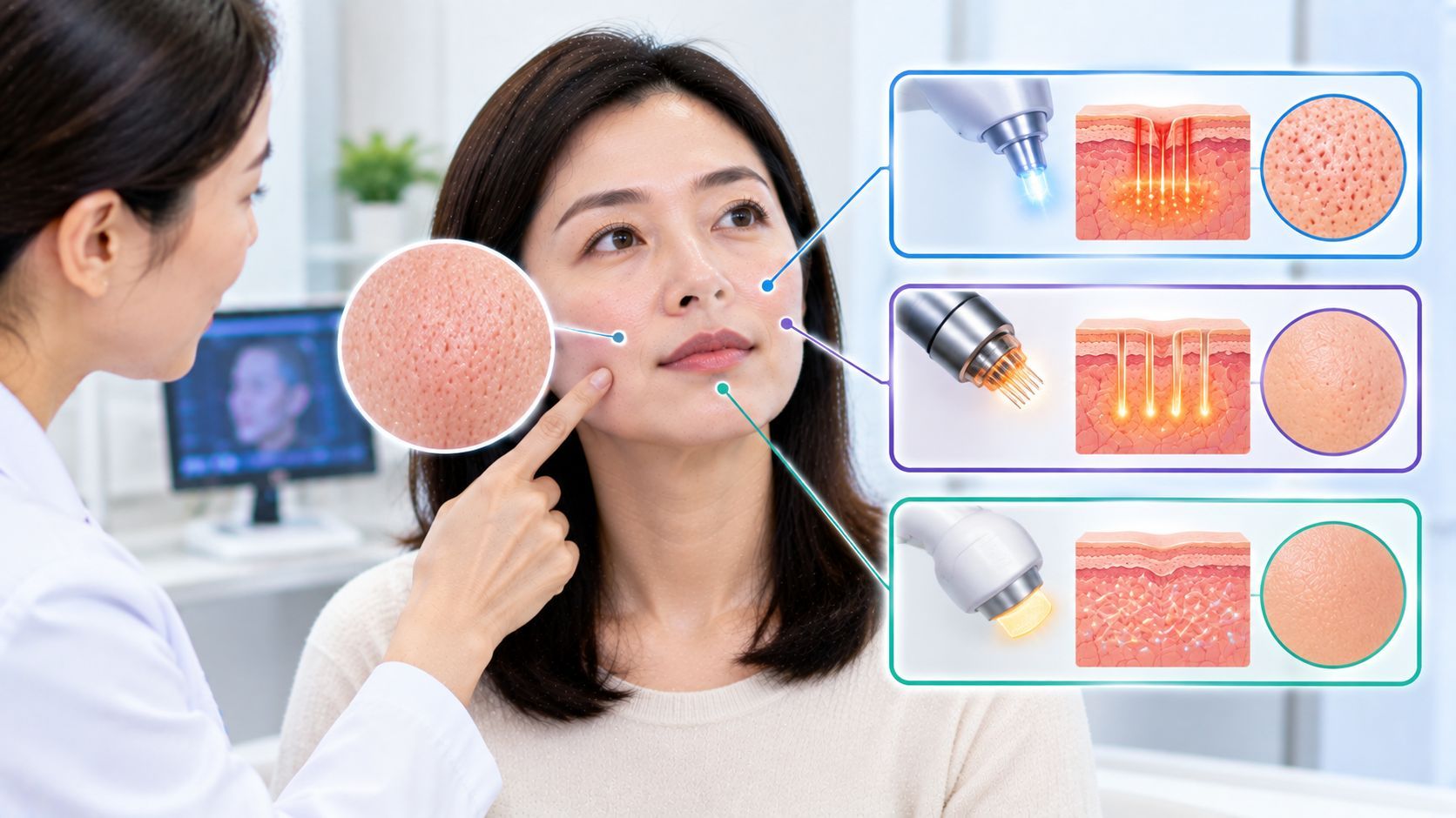 Woman discussing laser, RF microneedling and collagen treatments for large pores
