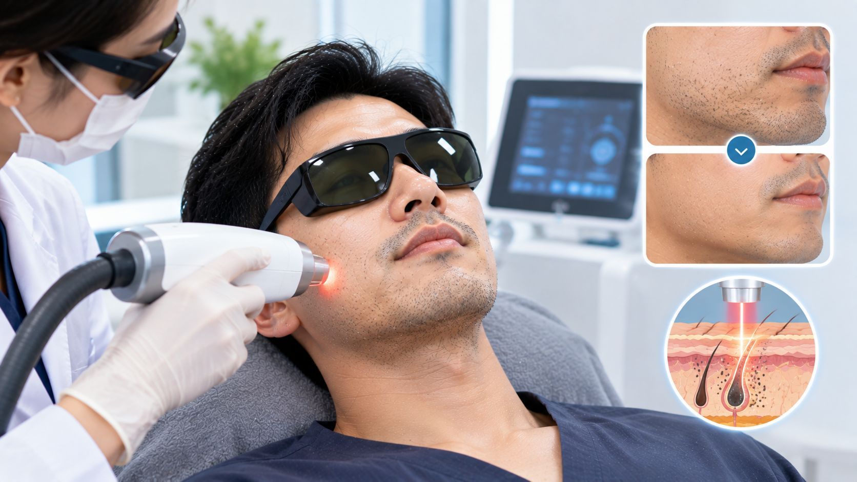 Man receiving laser treatment to reduce beard shadow and facial hair