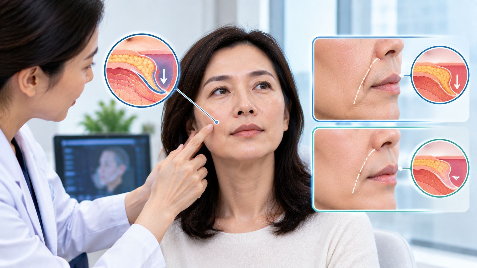 Woman discussing nasolabial folds caused by sagging or volume loss