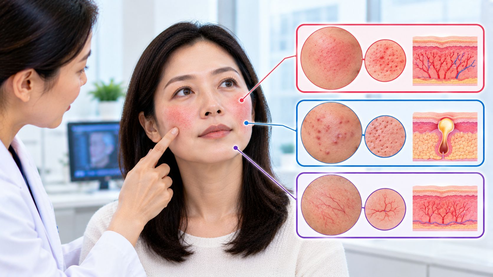 Woman discussing facial redness, acne marks and broken capillaries with a dermatologist