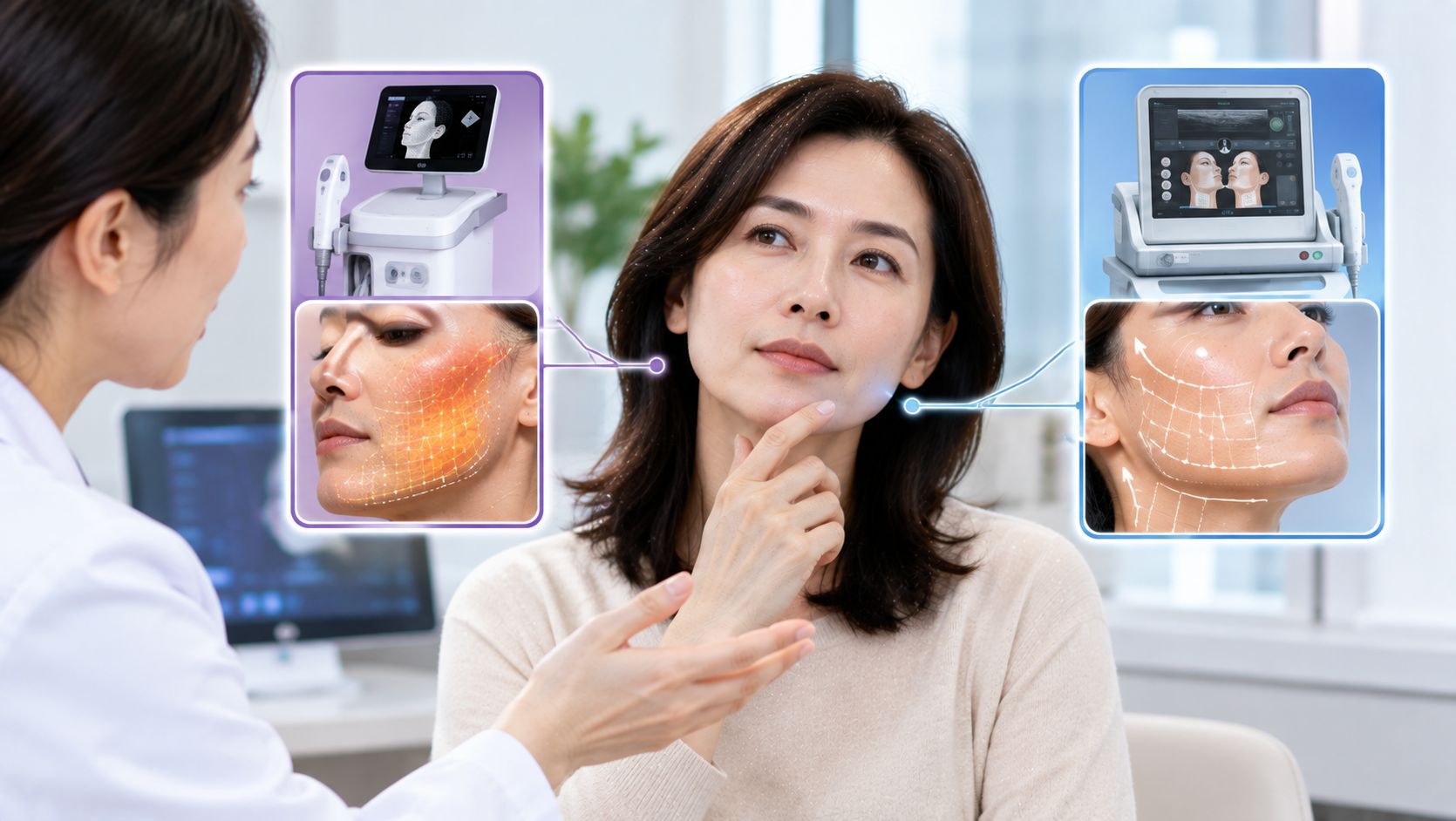 Woman discussing Thermage and Ultherapy options with a dermatologist